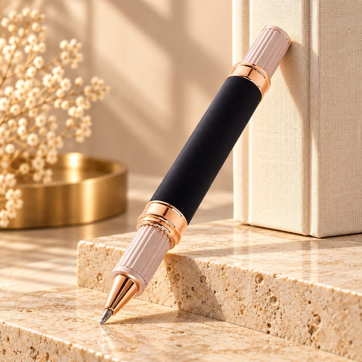 ROSHFORT Sovereign Signature Roller Pen | Matte Black Broad Barrel, Rose Gold Fluted Cap