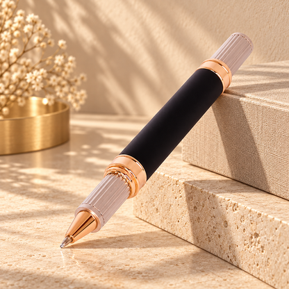 ROSHFORT Sovereign Signature Roller Pen | Matte Black Broad Barrel, Rose Gold Fluted Cap