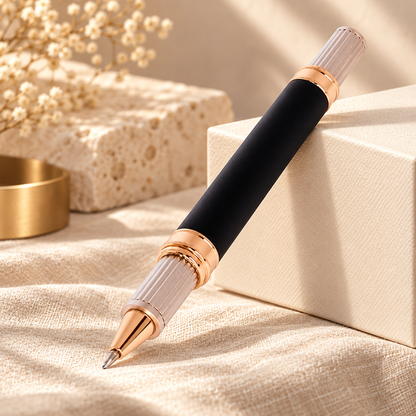 ROSHFORT Sovereign Signature Roller Pen | Matte Black Broad Barrel, Rose Gold Fluted Cap