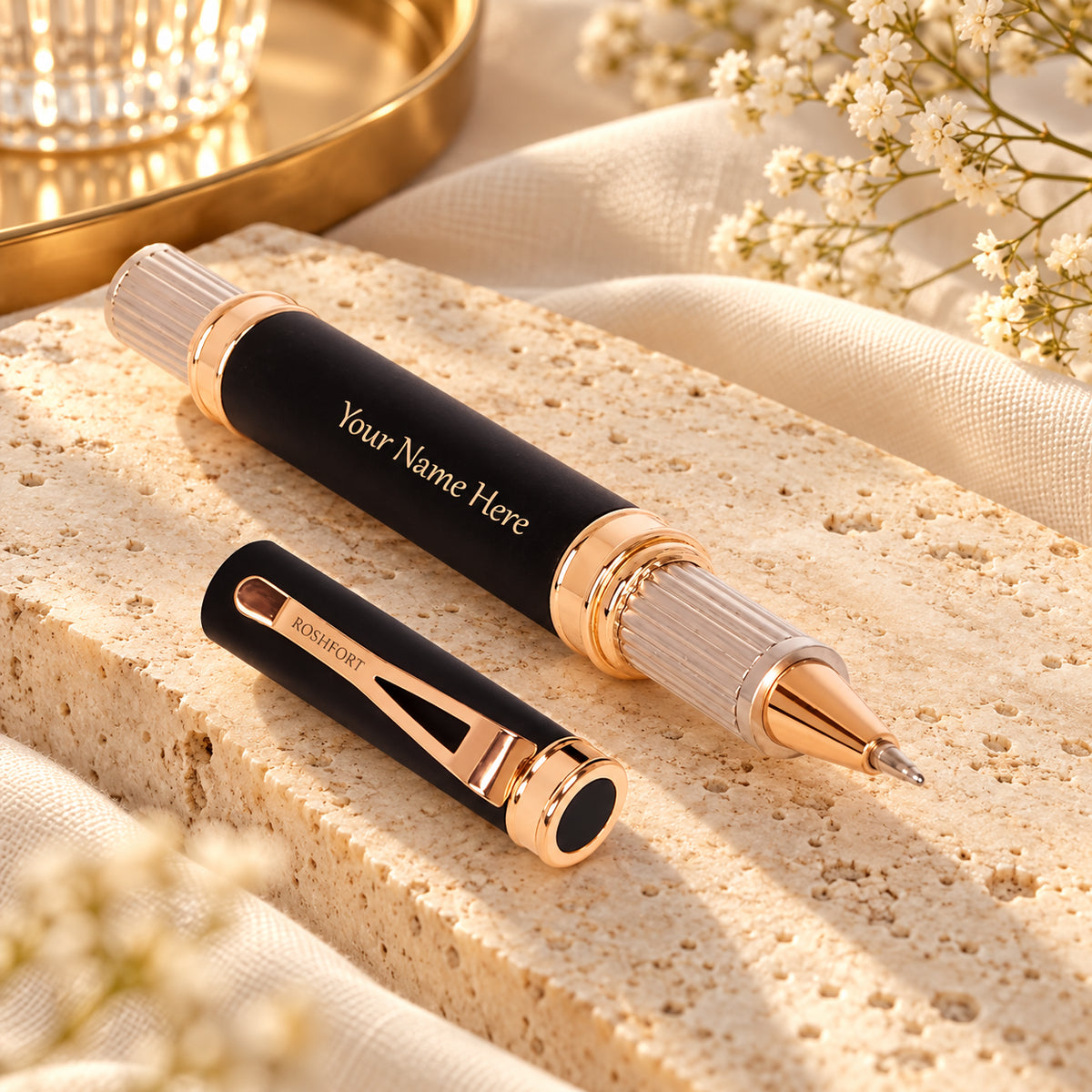 ROSHFORT Sovereign Signature Roller Pen - Personalised with Your Name | Matte Black, Rose Gold Detailing