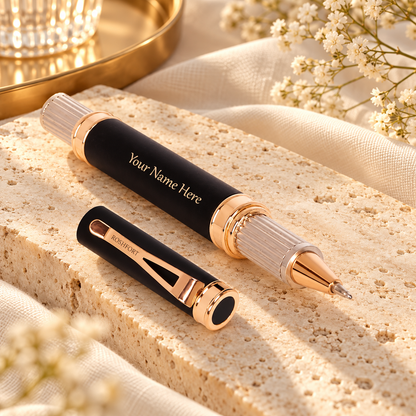 ROSHFORT Sovereign Signature Roller Pen - Personalised with Your Name | Matte Black, Rose Gold Detailing