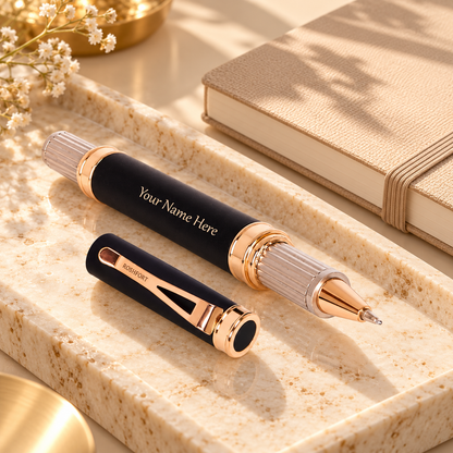ROSHFORT Sovereign Signature Roller Pen - Personalised with Your Name | Matte Black, Rose Gold Detailing