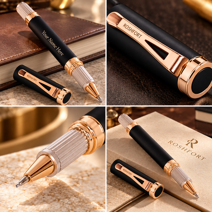 ROSHFORT Sovereign Signature Roller Pen - Personalised with Your Name | Matte Black, Rose Gold Detailing