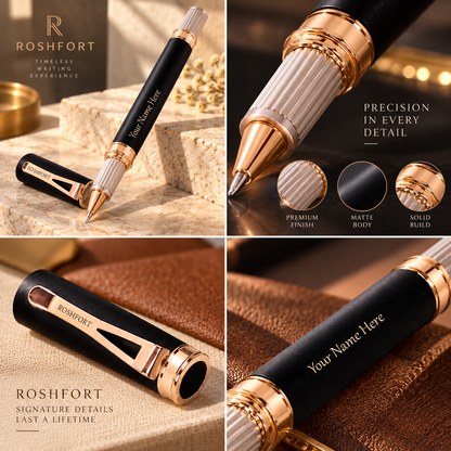 ROSHFORT Sovereign Signature Roller Pen - Personalised with Your Name | Matte Black, Rose Gold Detailing