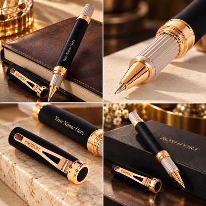 ROSHFORT Sovereign Signature Roller Pen - Personalised with Your Name | Matte Black, Rose Gold Detailing