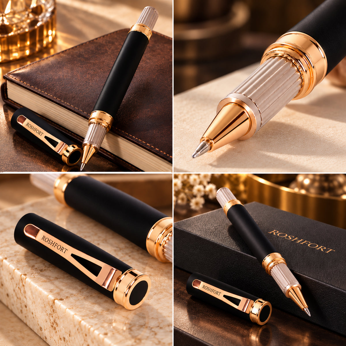 ROSHFORT Sovereign Signature Roller Pen | Matte Black Broad Barrel, Rose Gold Fluted Cap