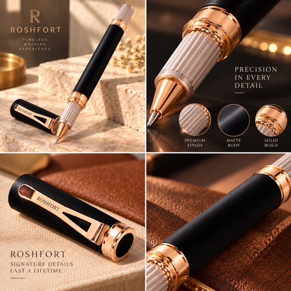 ROSHFORT Sovereign Signature Roller Pen | Matte Black Broad Barrel, Rose Gold Fluted Cap