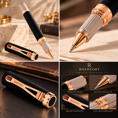 ROSHFORT Sovereign Signature Roller Pen | Matte Black Broad Barrel, Rose Gold Fluted Cap