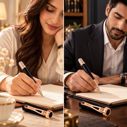 ROSHFORT Sovereign Signature Roller Pen | Matte Black Broad Barrel, Rose Gold Fluted Cap