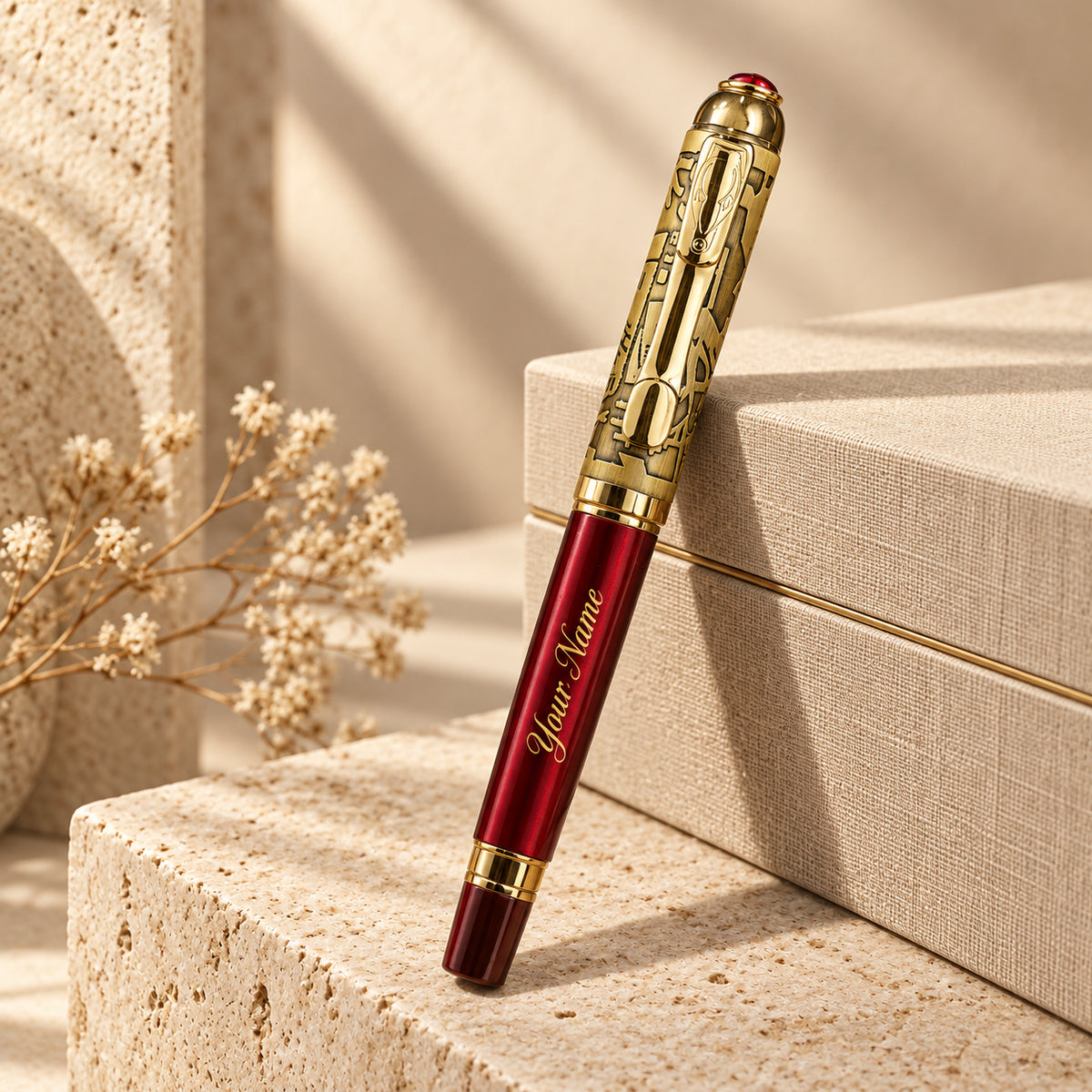 ROSHFORT Crimson Regal Signature Roller Pen - Personalised with Your Name | Deep Crimson, Gold Detailing