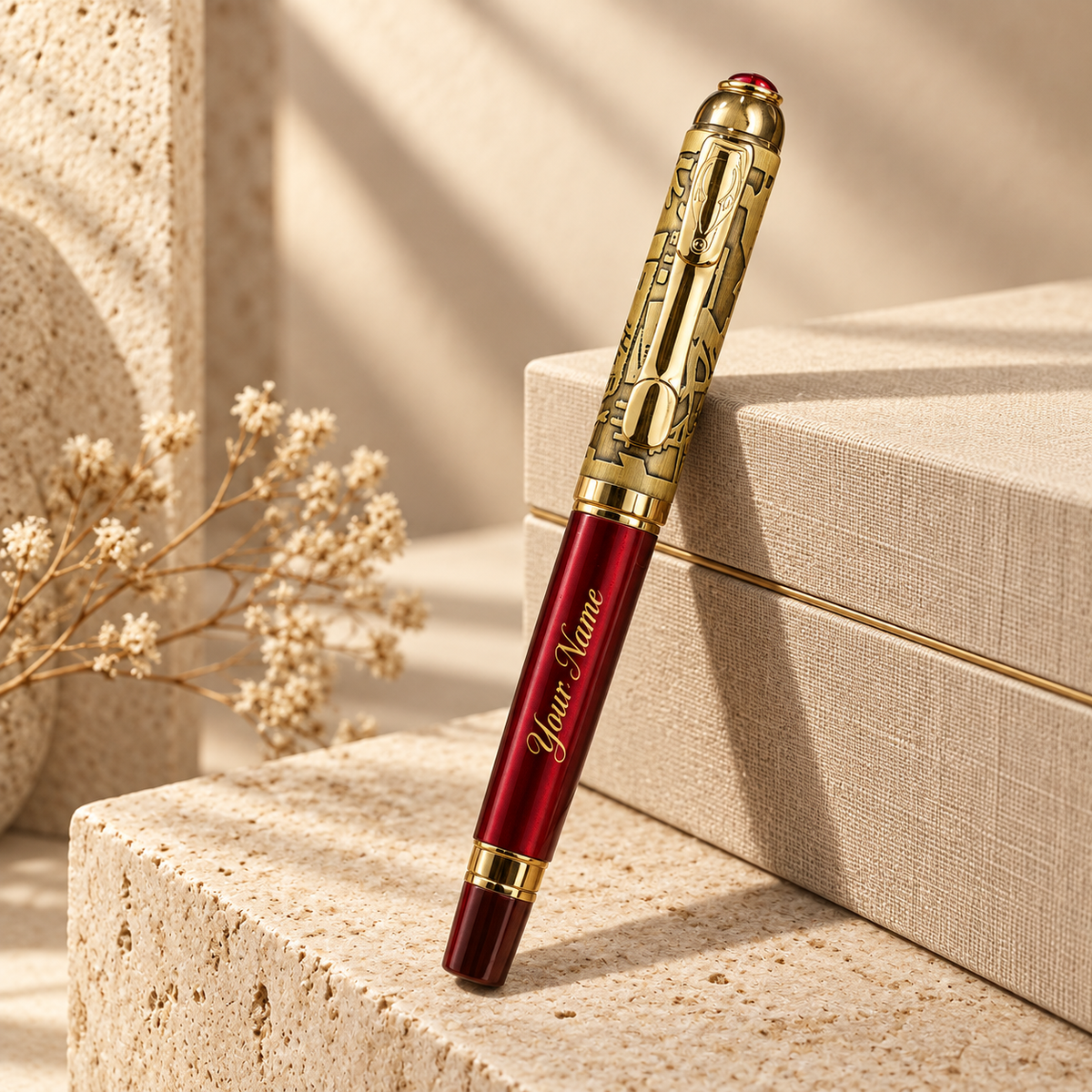 ROSHFORT Crimson Regal Signature Roller Pen - Personalised with Your Name | Deep Crimson, Gold Detailing