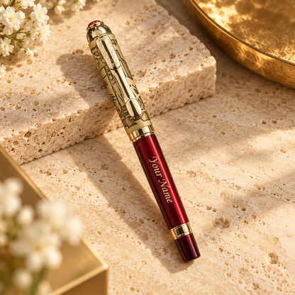 ROSHFORT Crimson Regal Signature Roller Pen - Personalised with Your Name | Deep Crimson, Gold Detailing