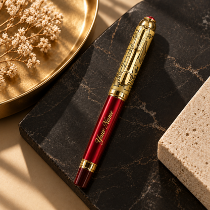 ROSHFORT Crimson Regal Signature Roller Pen - Personalised with Your Name | Deep Crimson, Gold Detailing