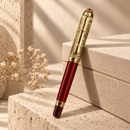 ROSHFORT Crimson Regal Signature Roller Pen | Deep Crimson Barrel, Ornate Gold Engraved Cap