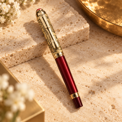 ROSHFORT Crimson Regal Signature Roller Pen | Deep Crimson Barrel, Ornate Gold Engraved Cap