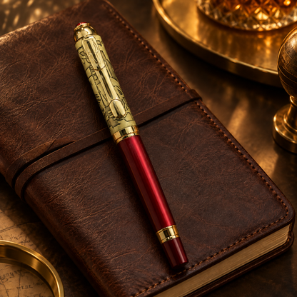 ROSHFORT Crimson Regal Signature Roller Pen | Deep Crimson Barrel, Ornate Gold Engraved Cap