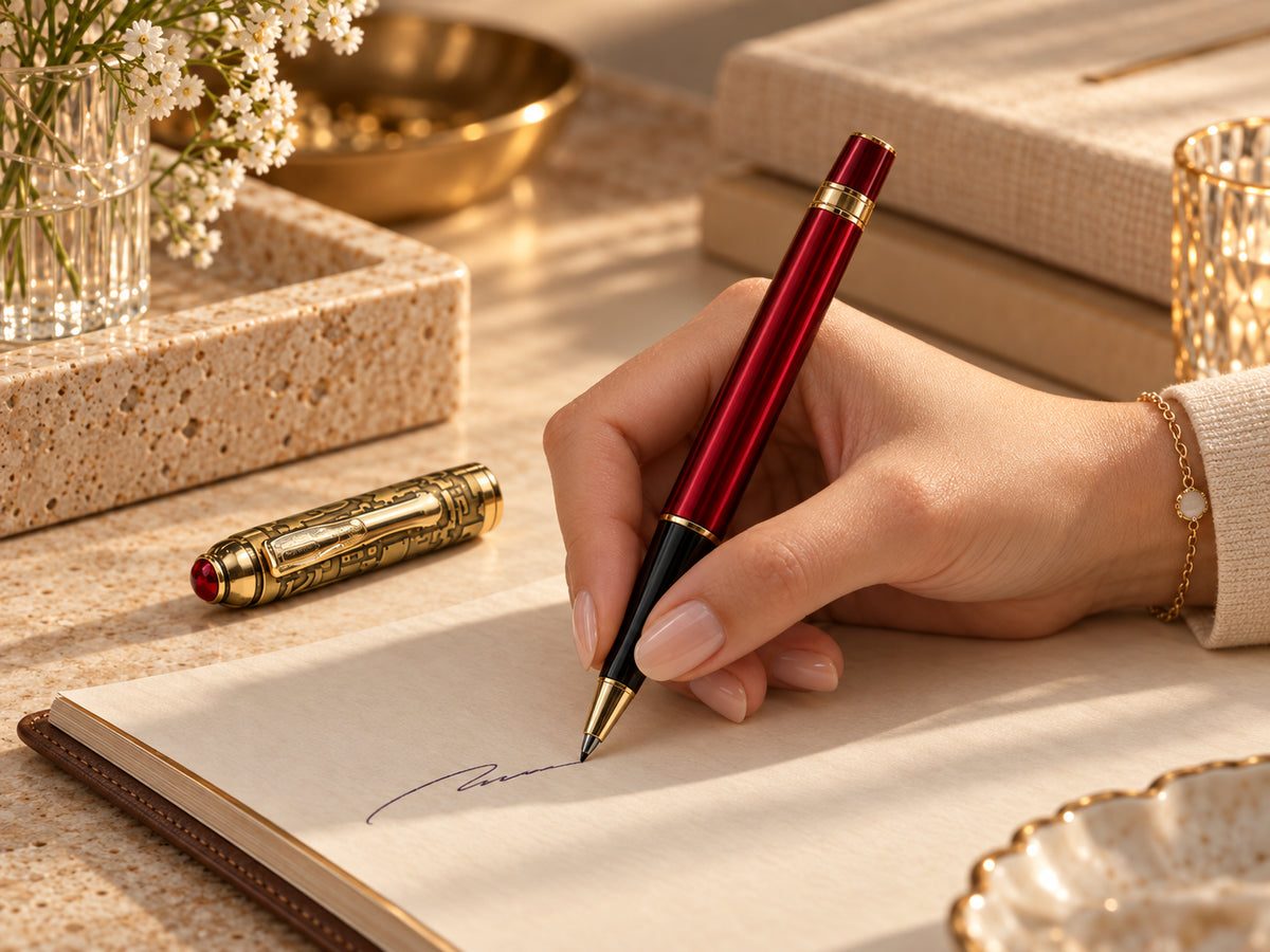 ROSHFORT Crimson Regal Signature Roller Pen - Personalised with Your Name | Deep Crimson, Gold Detailing
