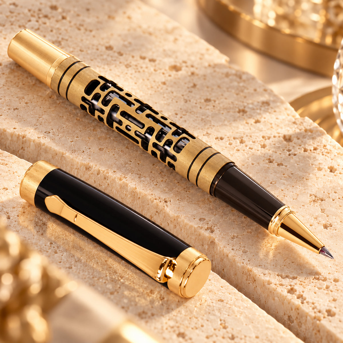 ROSHFORT Openwork Lattice Signature Roller Pen | Gold Detailing, Sculpted Metal Body