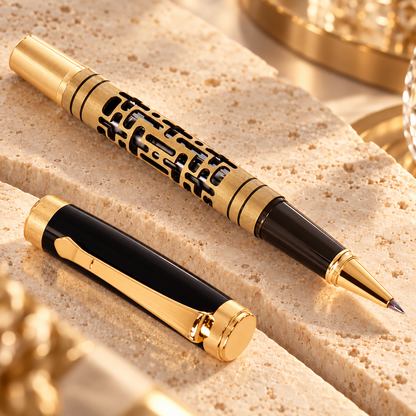 ROSHFORT Openwork Lattice Signature Roller Pen | Gold Detailing, Sculpted Metal Body