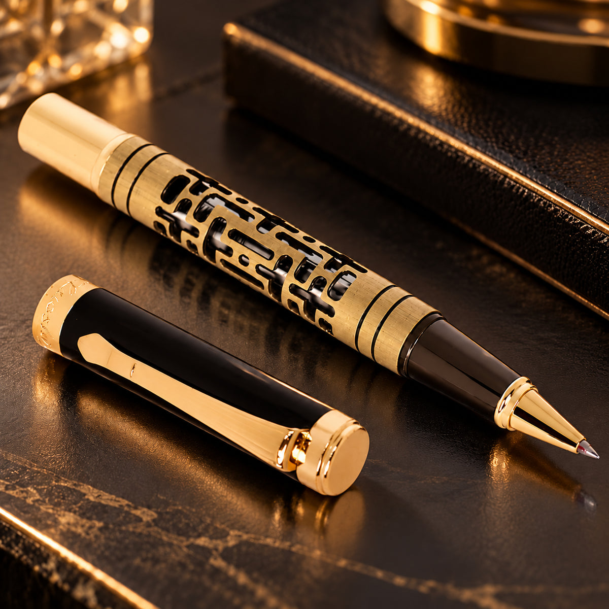 ROSHFORT Openwork Lattice Signature Roller Pen | Gold Detailing, Sculpted Metal Body