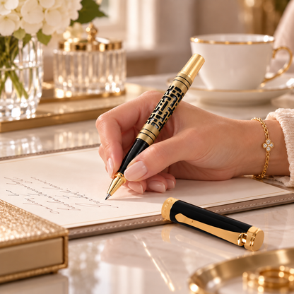 ROSHFORT Openwork Lattice Signature Roller Pen | Gold Detailing, Sculpted Metal Body