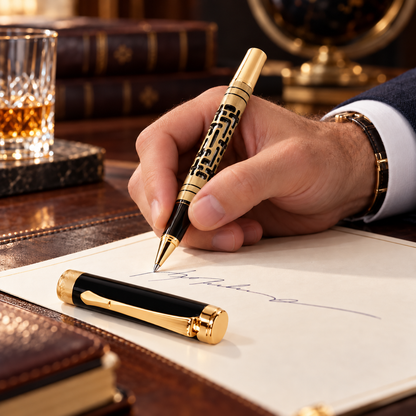 ROSHFORT Openwork Lattice Signature Roller Pen | Gold Detailing, Sculpted Metal Body