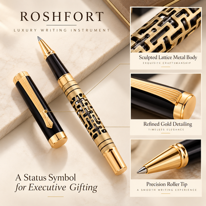 ROSHFORT Openwork Lattice Signature Roller Pen | Gold Detailing, Sculpted Metal Body