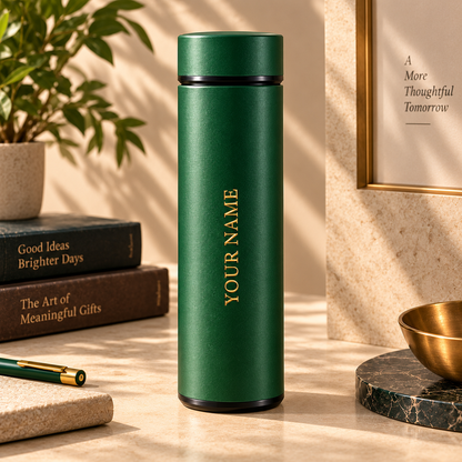Green flask with vertical sample name lettering, standing beside books on a sunlit desk.