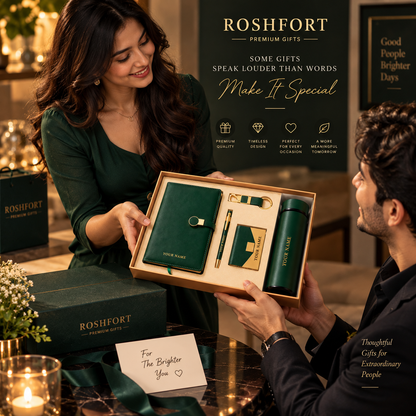 A woman in green presents a boxed green gift set to a seated man, with a handwritten gift note on the table.
