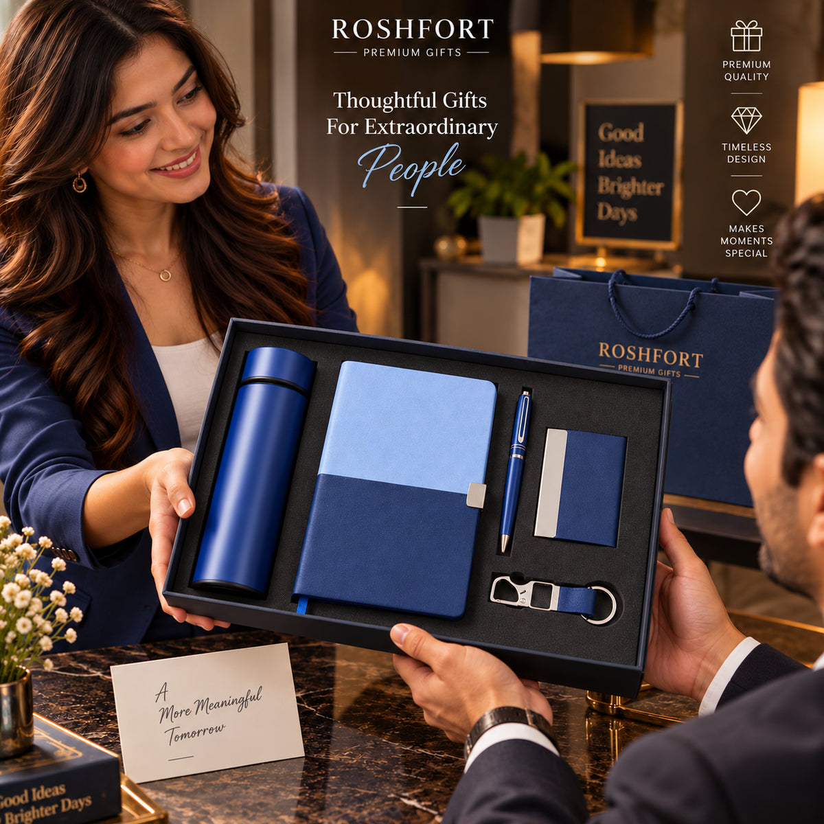 ROSHFORT Sapphire Five-Piece Gift Set | A5 Diary, Pen, Vacuum Flask, Card Holder & Keyring