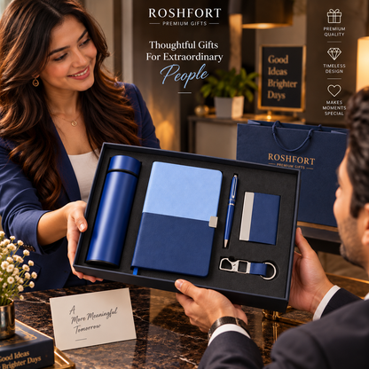 ROSHFORT Sapphire Five-Piece Gift Set | A5 Diary, Pen, Vacuum Flask, Card Holder & Keyring