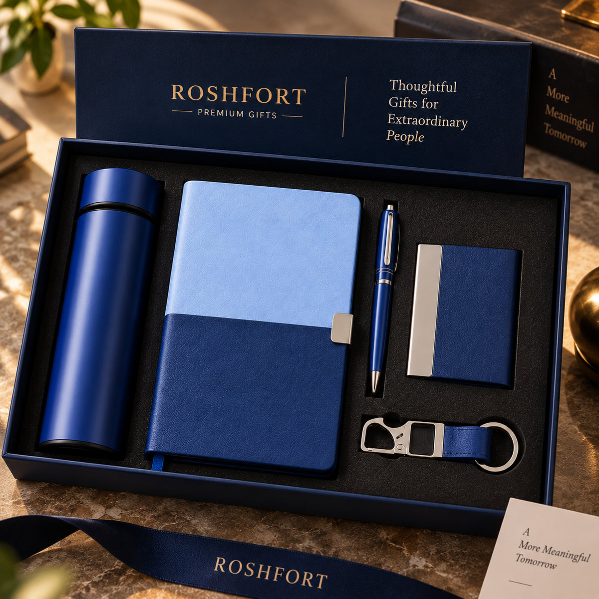 ROSHFORT Sapphire Five-Piece Gift Set | A5 Diary, Pen, Vacuum Flask, Card Holder & Keyring