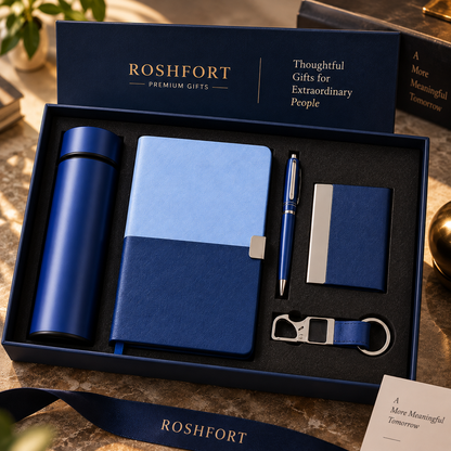 ROSHFORT Sapphire Five-Piece Gift Set | A5 Diary, Pen, Vacuum Flask, Card Holder & Keyring