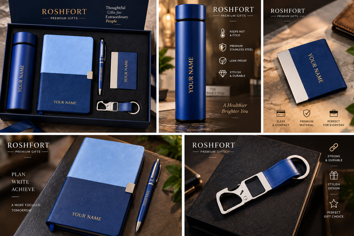 ROSHFORT Sapphire Five-Piece Gift Set - Personalised with Your Name | A5 Diary, Pen, Vacuum Flask, Card Holder & Keyring