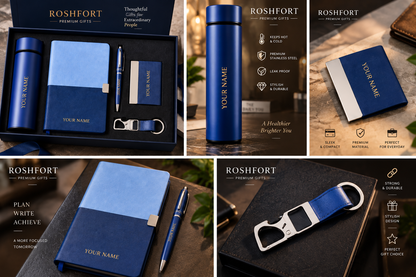 ROSHFORT Sapphire Five-Piece Gift Set - Personalised with Your Name | A5 Diary, Pen, Vacuum Flask, Card Holder & Keyring