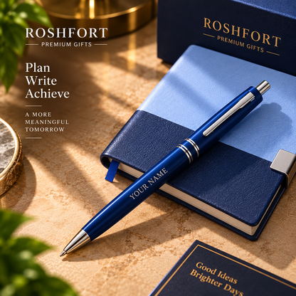 ROSHFORT Sapphire Five-Piece Gift Set - Personalised with Your Name | A5 Diary, Pen, Vacuum Flask, Card Holder & Keyring