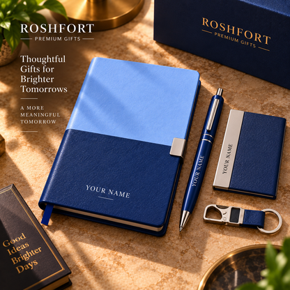 ROSHFORT Sapphire Five-Piece Gift Set - Personalised with Your Name | A5 Diary, Pen, Vacuum Flask, Card Holder & Keyring