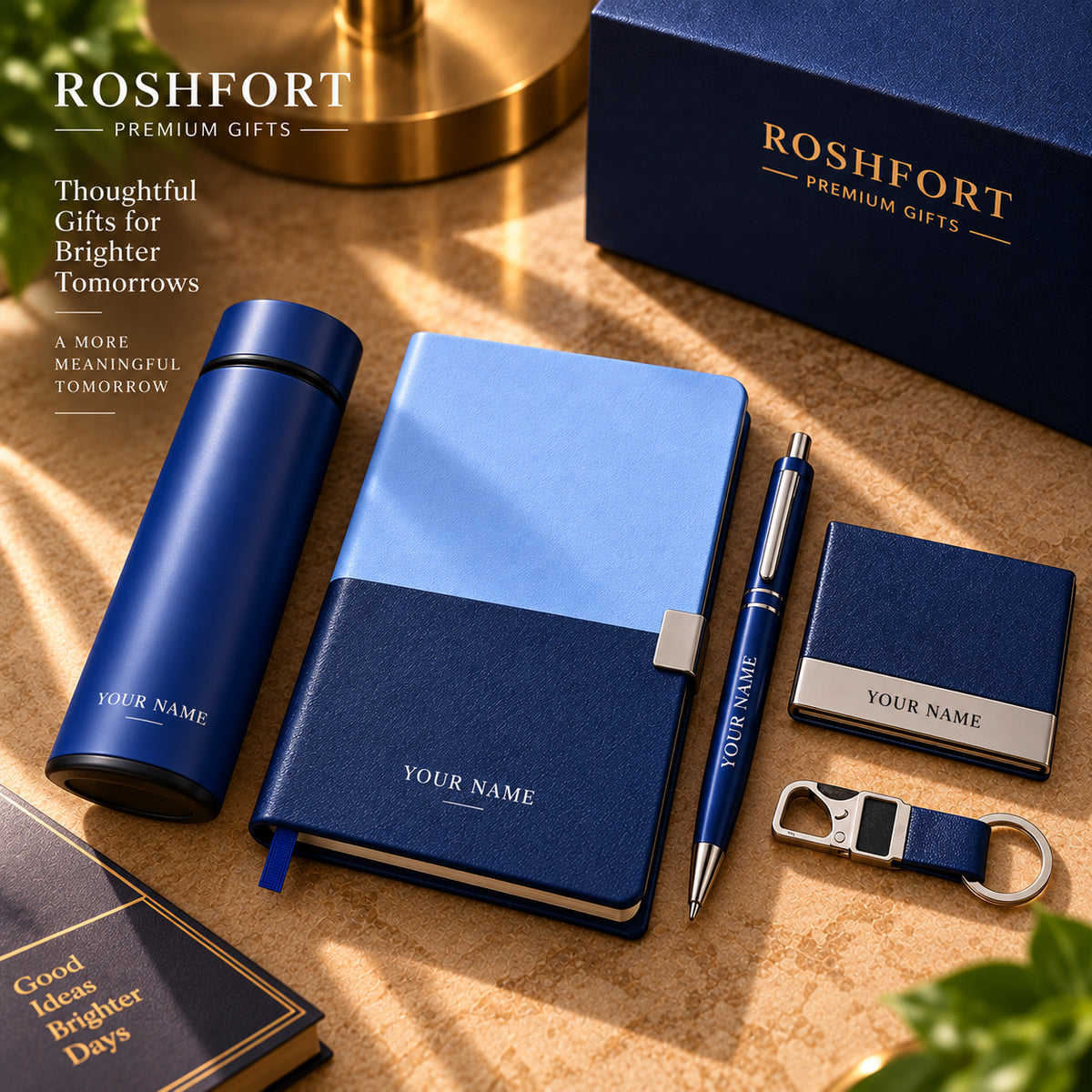 ROSHFORT Sapphire Five-Piece Gift Set - Personalised with Your Name | A5 Diary, Pen, Vacuum Flask, Card Holder & Keyring