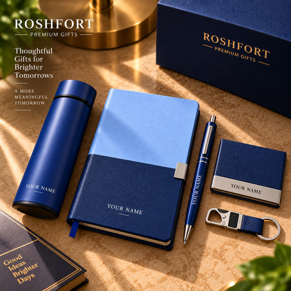 ROSHFORT Sapphire Five-Piece Gift Set - Personalised with Your Name | A5 Diary, Pen, Vacuum Flask, Card Holder & Keyring