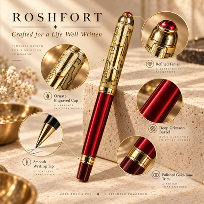 ROSHFORT Crimson Regal Signature Roller Pen | Deep Crimson Barrel, Ornate Gold Engraved Cap