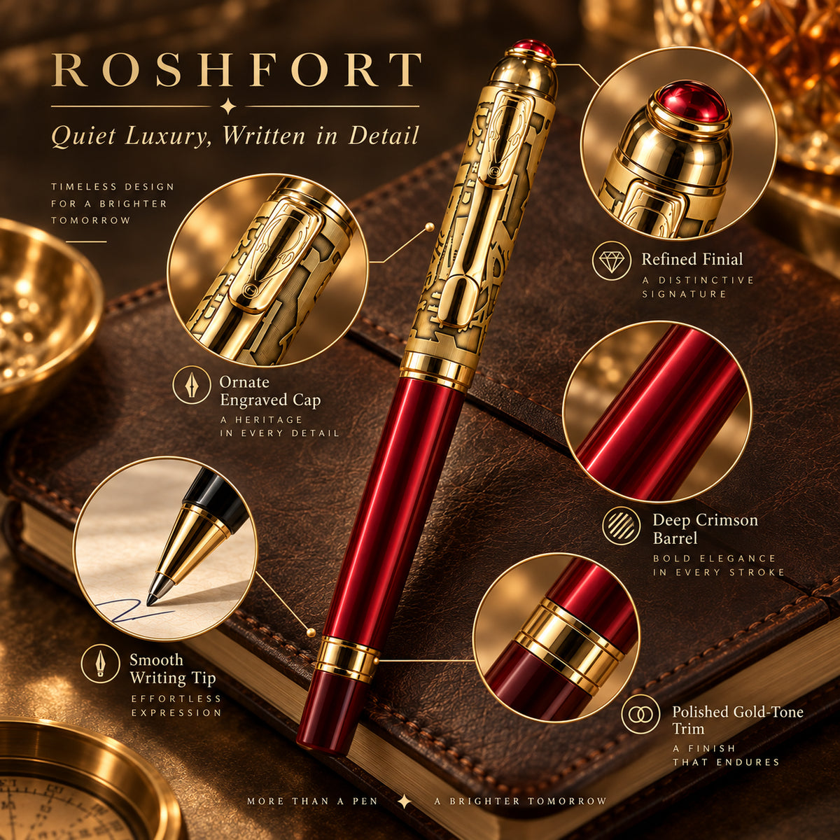 ROSHFORT Crimson Regal Signature Roller Pen | Deep Crimson Barrel, Ornate Gold Engraved Cap