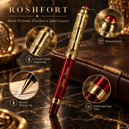 ROSHFORT Crimson Regal Signature Roller Pen - Personalised with Your Name | Deep Crimson, Gold Detailing
