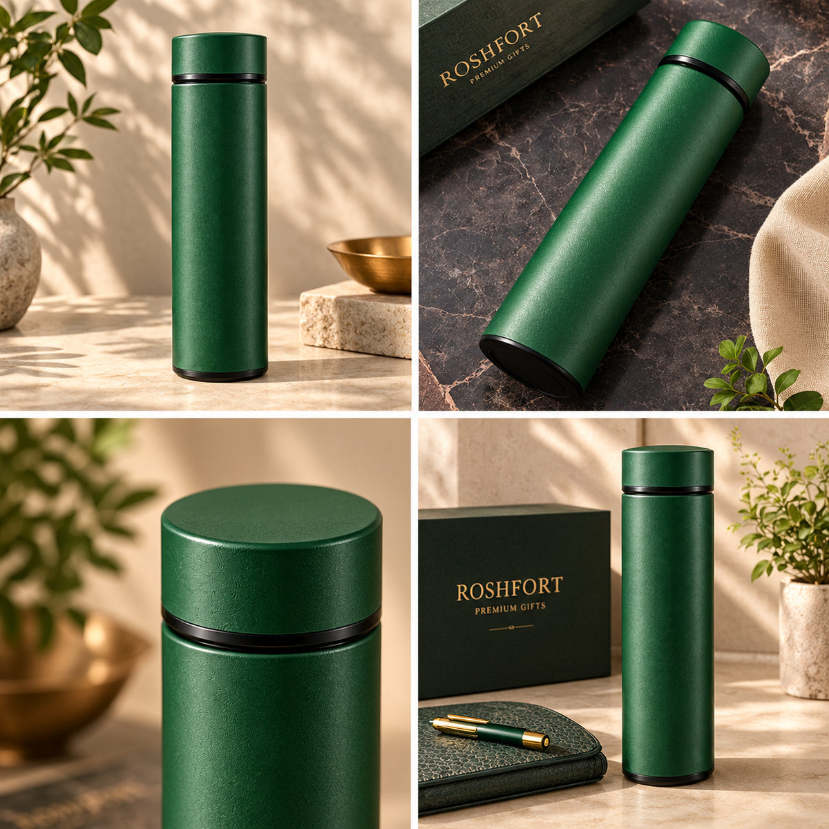 Four views of a green flask, including its cap, an angled view and the flask beside matching desk accessories.