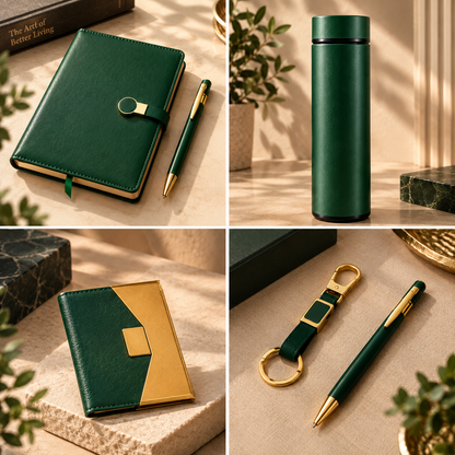 Collage showing the green diary and pen, flask, green-and-gold card holder and matching keyring.