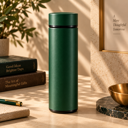 Tall green flask with a matching cap and black neck band standing beside books on a sunlit desk.
