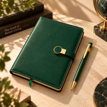 Green diary with a round gold-tone tab clasp beside a matching green pen on a sunlit desk.