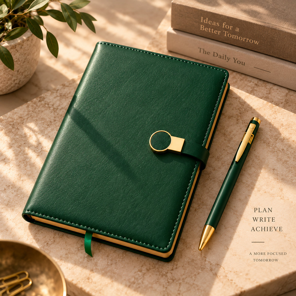 Green diary and matching gold-trimmed pen on a pale desk with books and a ribbon bookmark.
