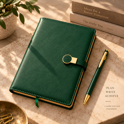 Green diary and matching gold-trimmed pen on a pale desk with books and a ribbon bookmark.