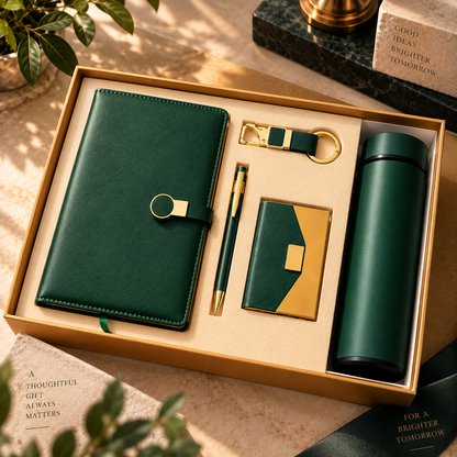 Angled view of a green diary, pen, flask, card holder and keyring in a cream-lined presentation box.