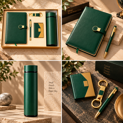 Four views of the green gift set showing its presentation box, diary and pen, flask, card holder and keyring.